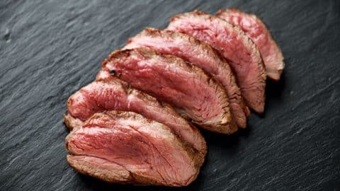 Filet of elk fanned out across a plate, cooked medium rare