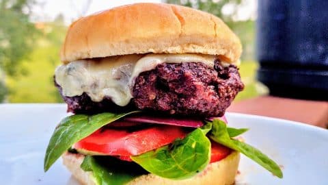 Elk Cheeseburger with tomato and spinach popping out