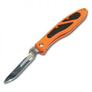 Folding hunting knife with orange and black handle