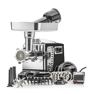 A shiny Cabela's meat grinder with assorted attachments