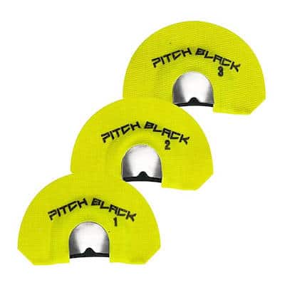 Three yellow Phelps brand game calls that say Pitch Black