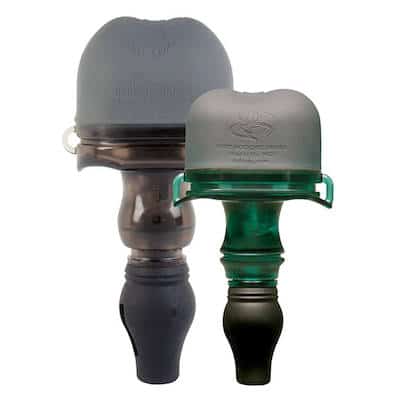 Two grey rubber and plastic cow elk calls