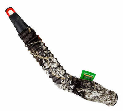 Curvy camo elk bugle tube with a Primos tag hanging off the side