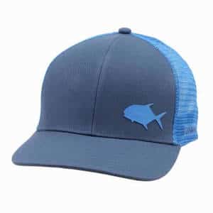 Blue trucker hat with a fish logo