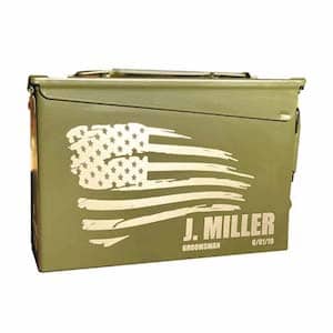 Ammo canister with an American flag and the name "J. Miller" engraved on it