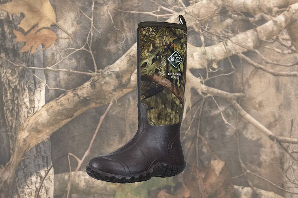 Black and camo insulated and waterproof Muck brand footwear in front of a camo backdrop
