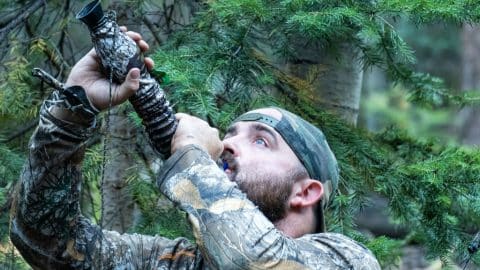 Hunter dressed in camo blowing into an elk bugle call in a forest