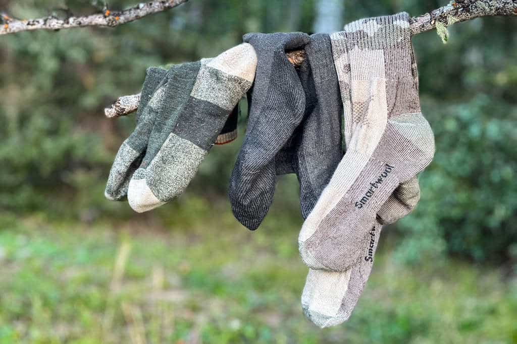 Three pairs of hunting socks hanging on a tree branch