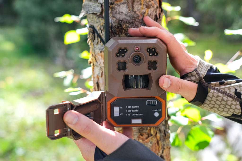 Hunter wearing KUIU camo setting a cellular trail camera on a tree in the woods