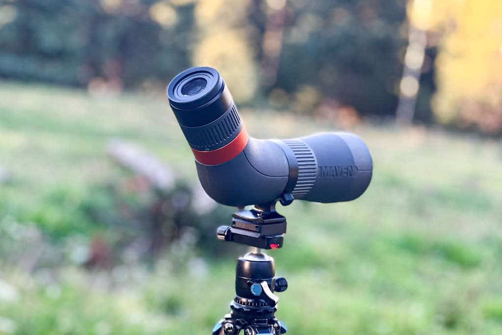 Maven brand spotting scope pointing towards the wilderness on an elk hunt