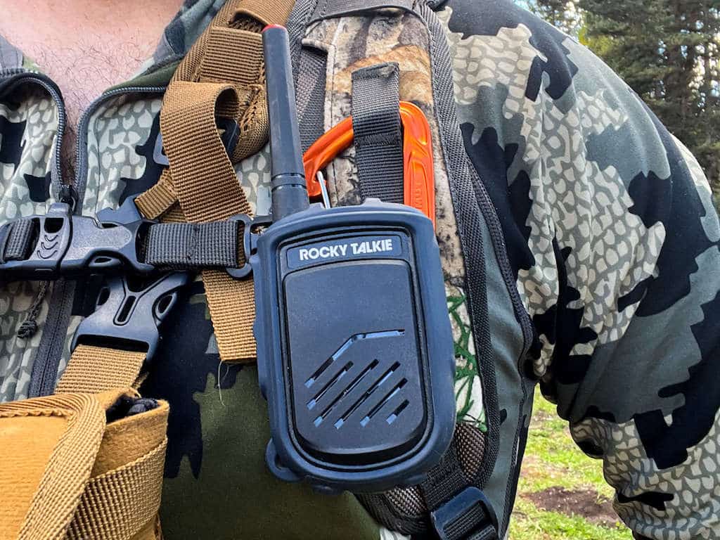 Hunter wearing a Rocky Talkie two-way FRS radio on his backpack
