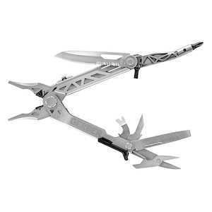 Silvery multi-tool spread out and opened up