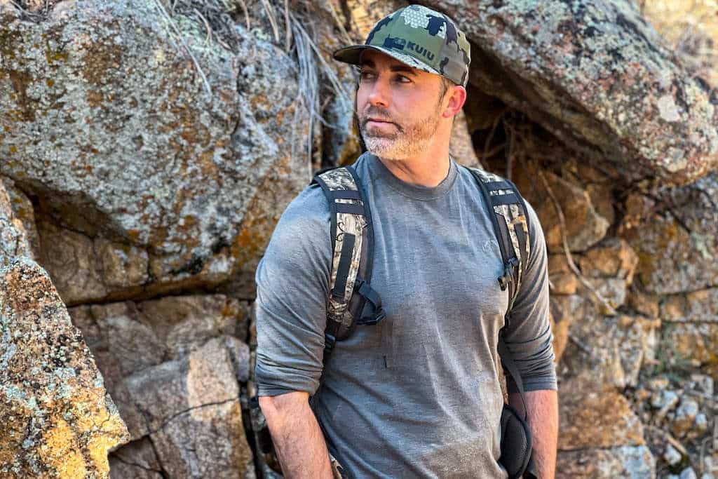 Hunter wearing and reviewing a KUIU ULTRA Merino 120 LT LS Crew-T long-sleeved shirt