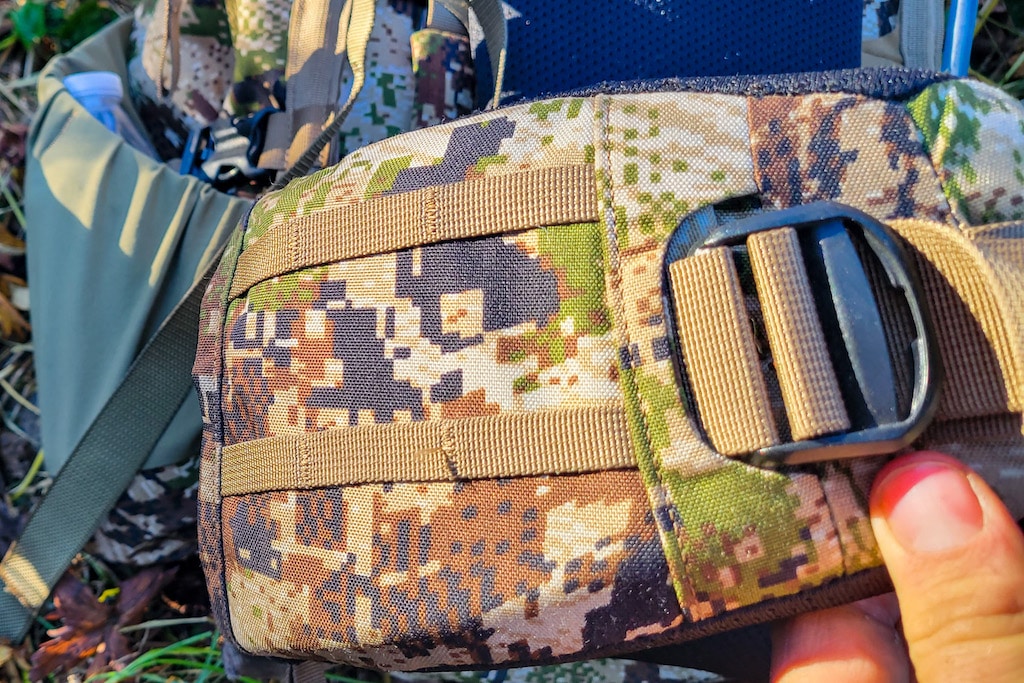 camo hip support materials View of camo hip straps for a high-volume hunting backpack