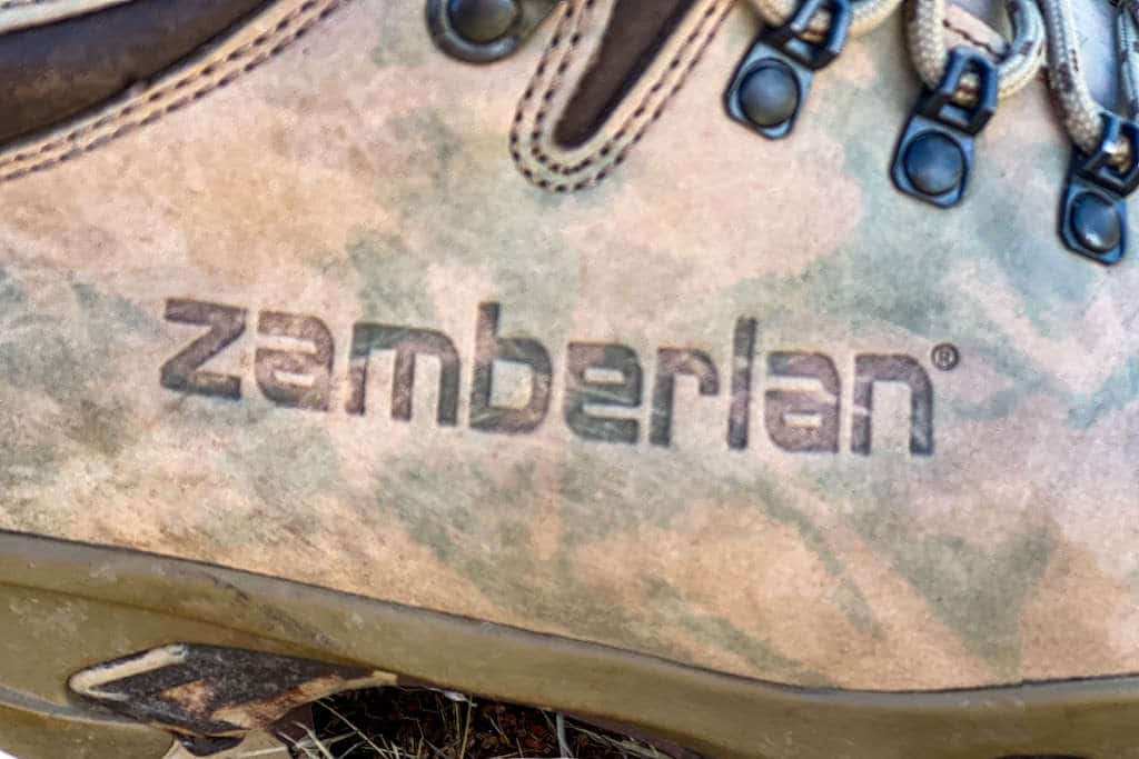 Close up of a Zamberlan logo on a leather boot