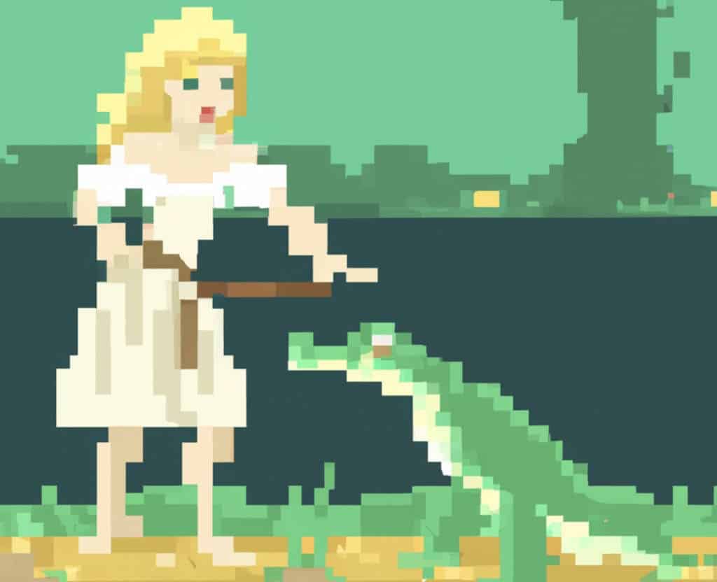 Pixelated cartoon women with her mouth open looking at an alligator 