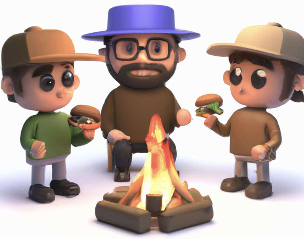 Three animated cartoon men standing around a campfire