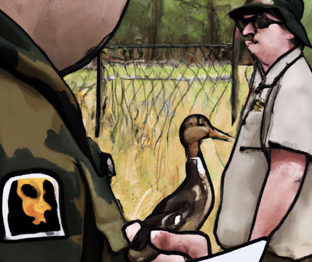 A man and a cop stand looking at each other with a duck in the middle