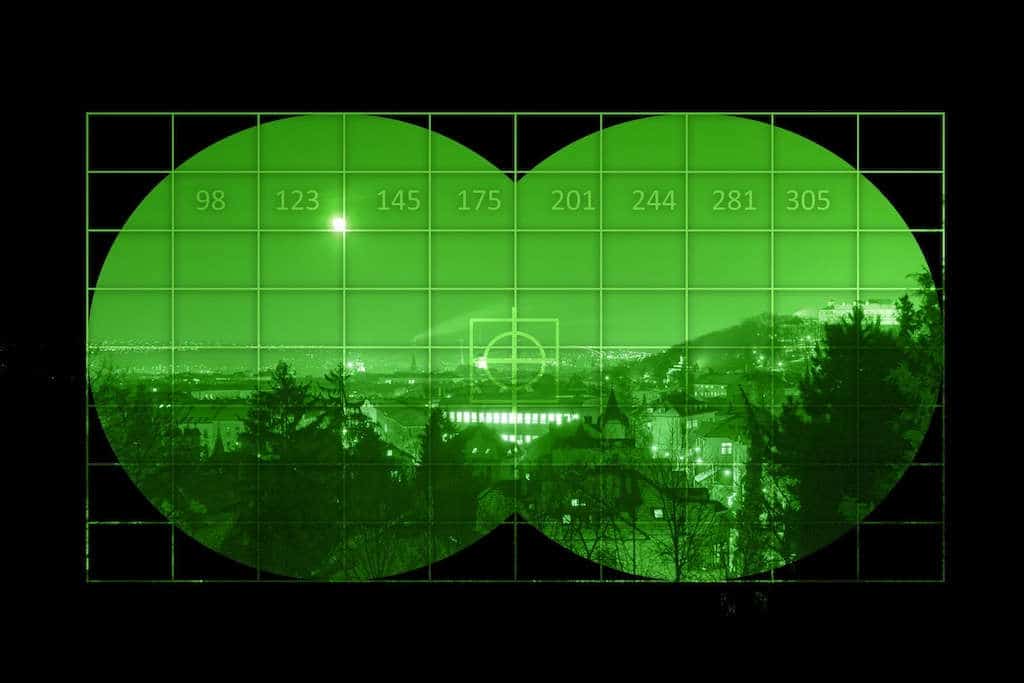 View of a city through night vision googles