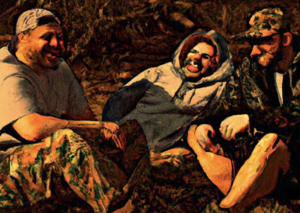 Three hunters around a campfire laughing at a joke