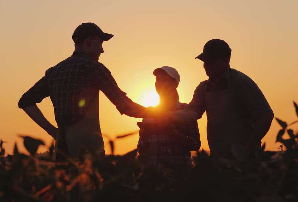 Three farms shaking hands at sunset