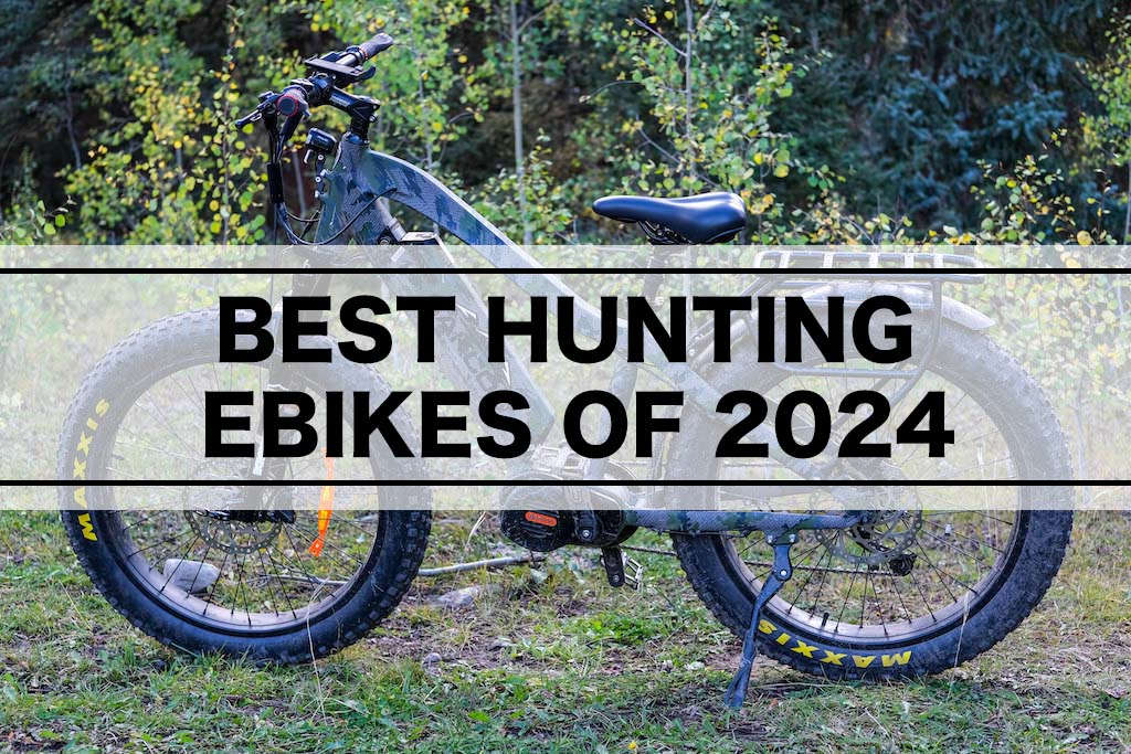 Camo bike in the forest with text overlay that says Best Hunting eBikes of 2023