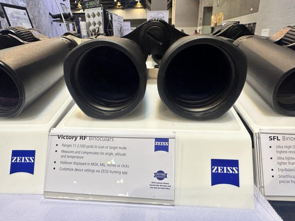 Zeiss Victory RF rangefinding binoculars on display at a hunting trade show